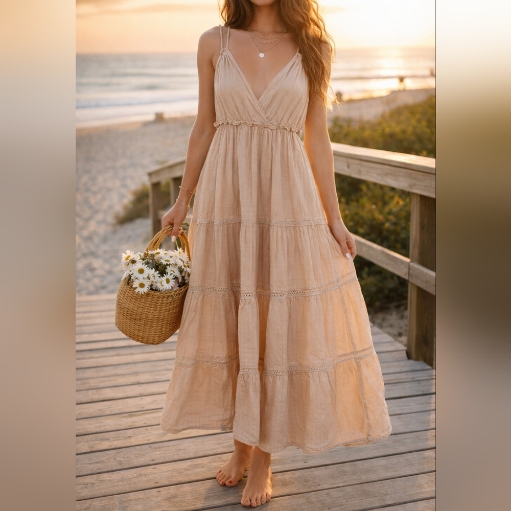 easel Beige Tiered V-Neck Spaghetti Strap Maxi Dress